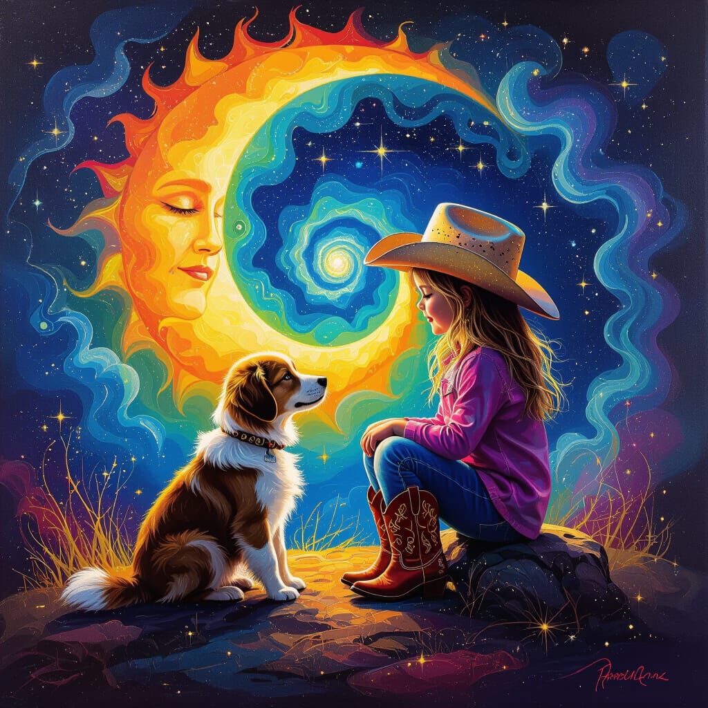 Girl and Dog in Neon Spiral Cowboy Art