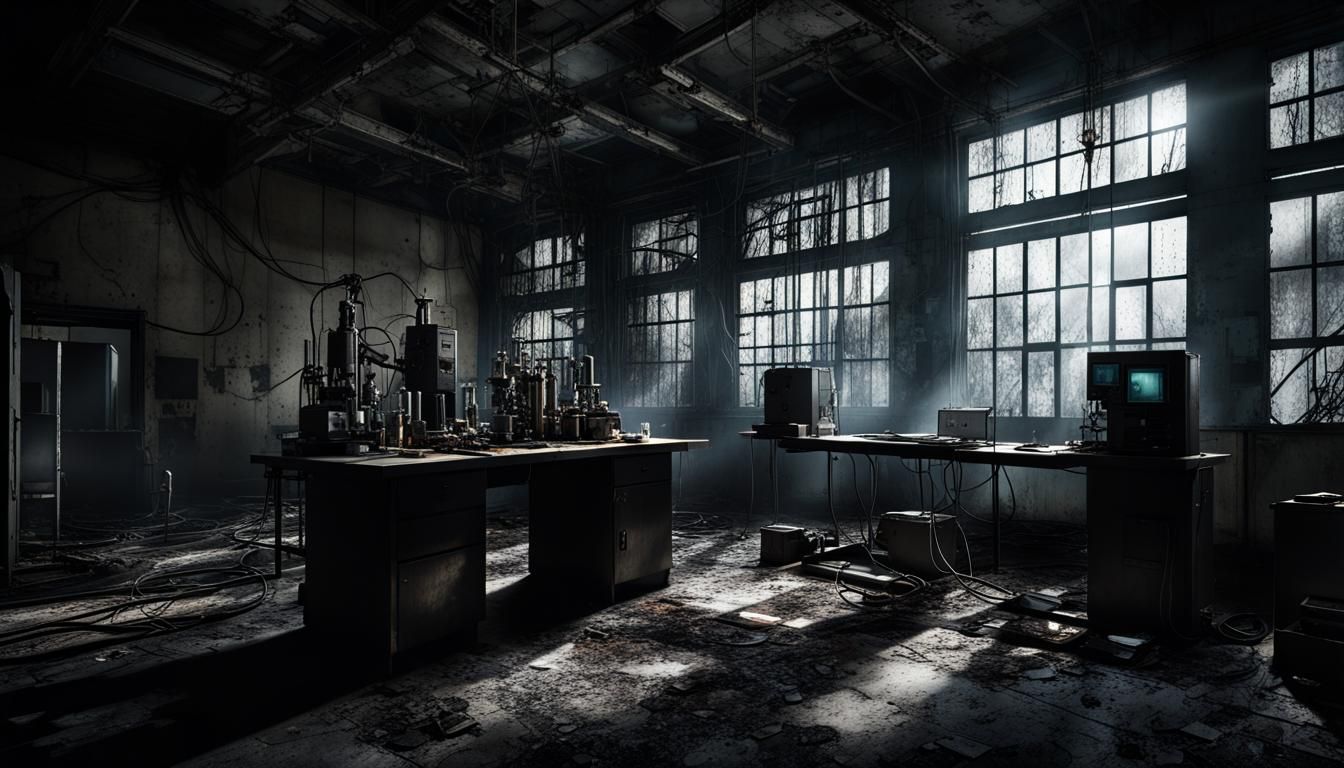 Shadowed laboratory within the derelict facility