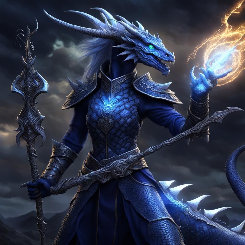 Dragonborn Sorcerer with Lightning Magic in Fantasy Art