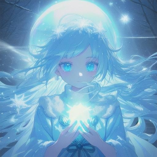 Anime Girl with Ice Powers in Winter Forest