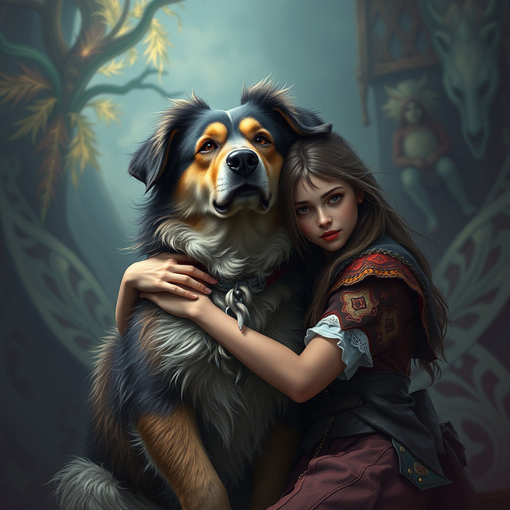 Girl and Dog Hug: Fantasy Concept Art