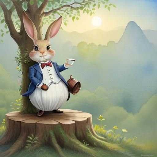 Anthropomorphic Rabbit Catches Teacup: Whimsical Pastel Illu...