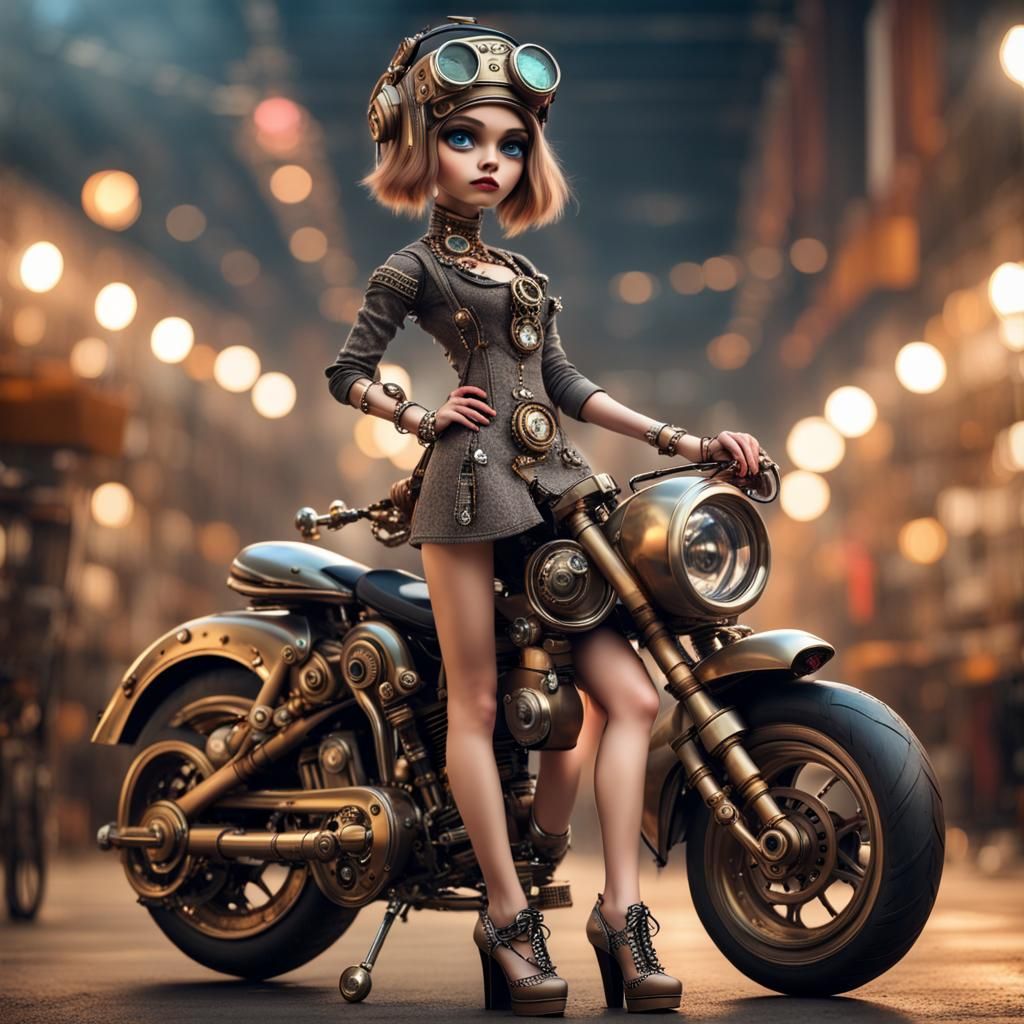 Cute Steampunk Robot Girl with Motorcycle in 3D