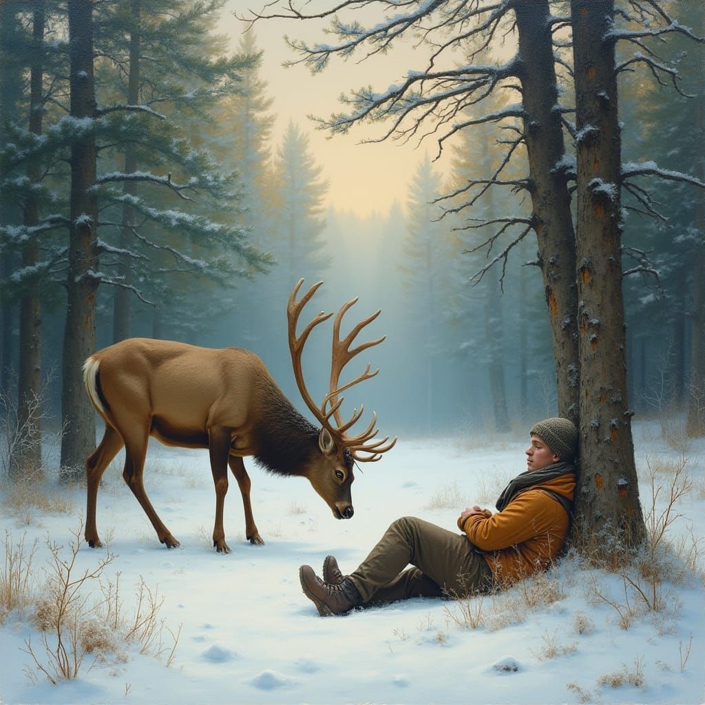 Deer in Winter Woods with Green Treetops and a Sleeping Hunt...