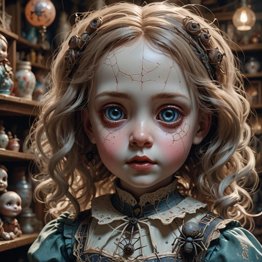 Eerie Porcelain Doll in Spooky Toy Shop