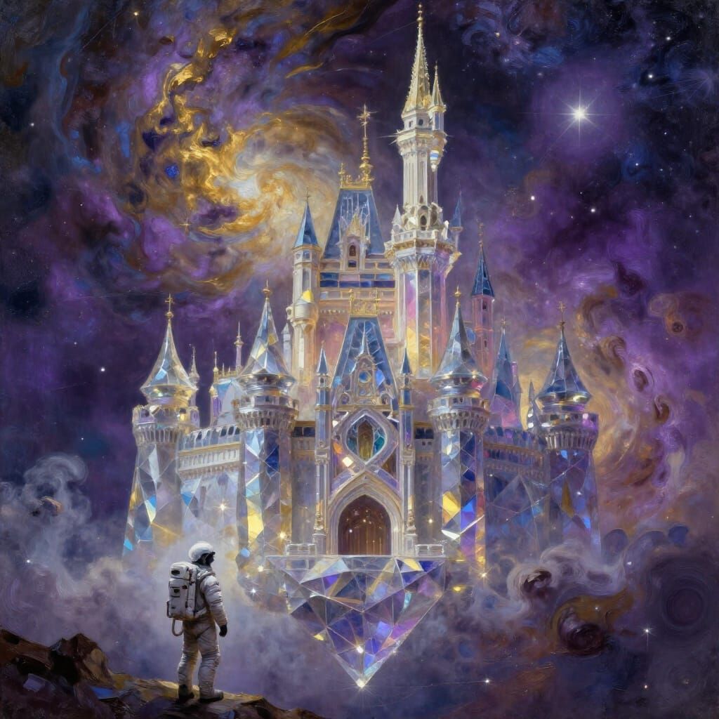 Crystalline Castle in Nebula: Surreal Astronaut View