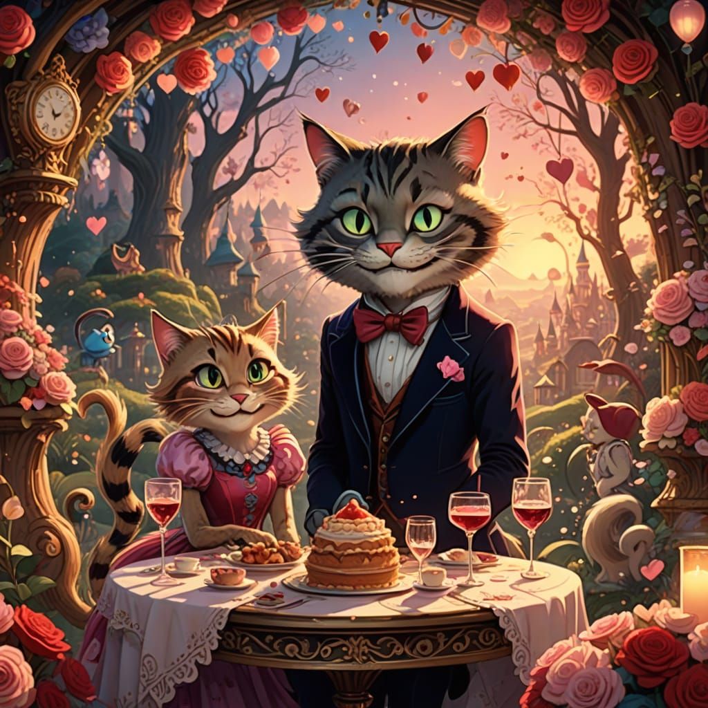 Romantic Disney-Style Cat Couple in Whimsical Wonderland