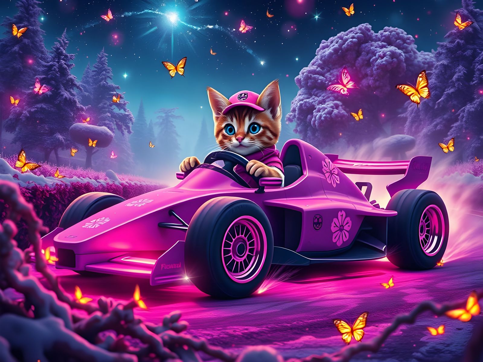 Whimsical Cosmic Feline Speeds Through Starry Night