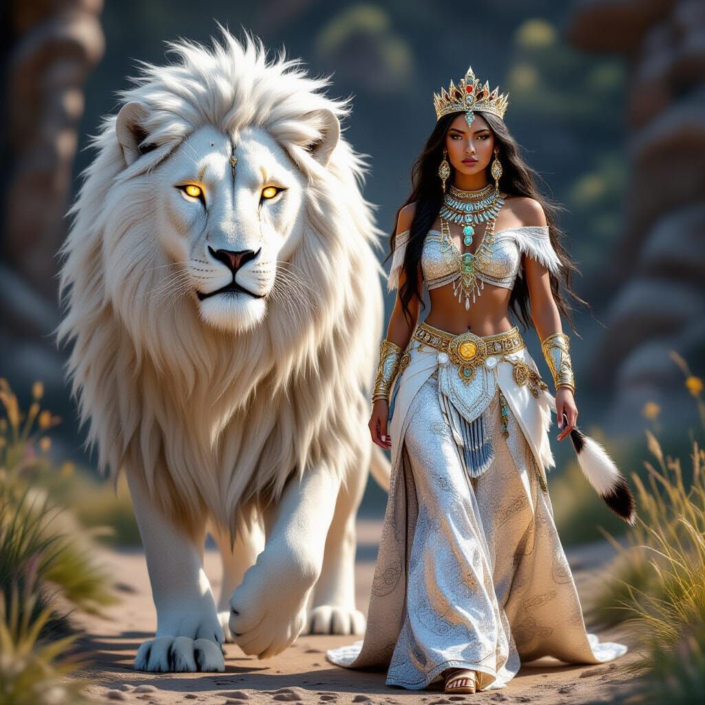Radiant Queen and White Lion in Fantasy Portrait