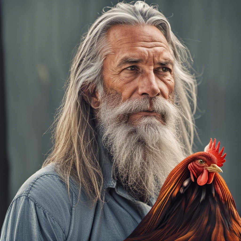 Veteran and Rooster Companion in Warm Tones