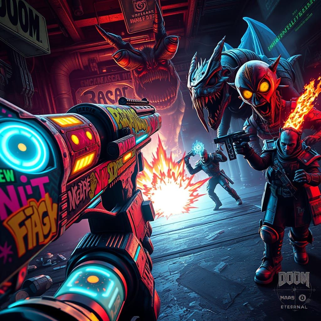 Post-Apocalyptic FPS Scene with Neon Shotgun