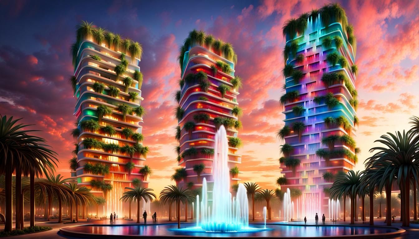Babylon Gardens Fountain in Vibrant Digital Art