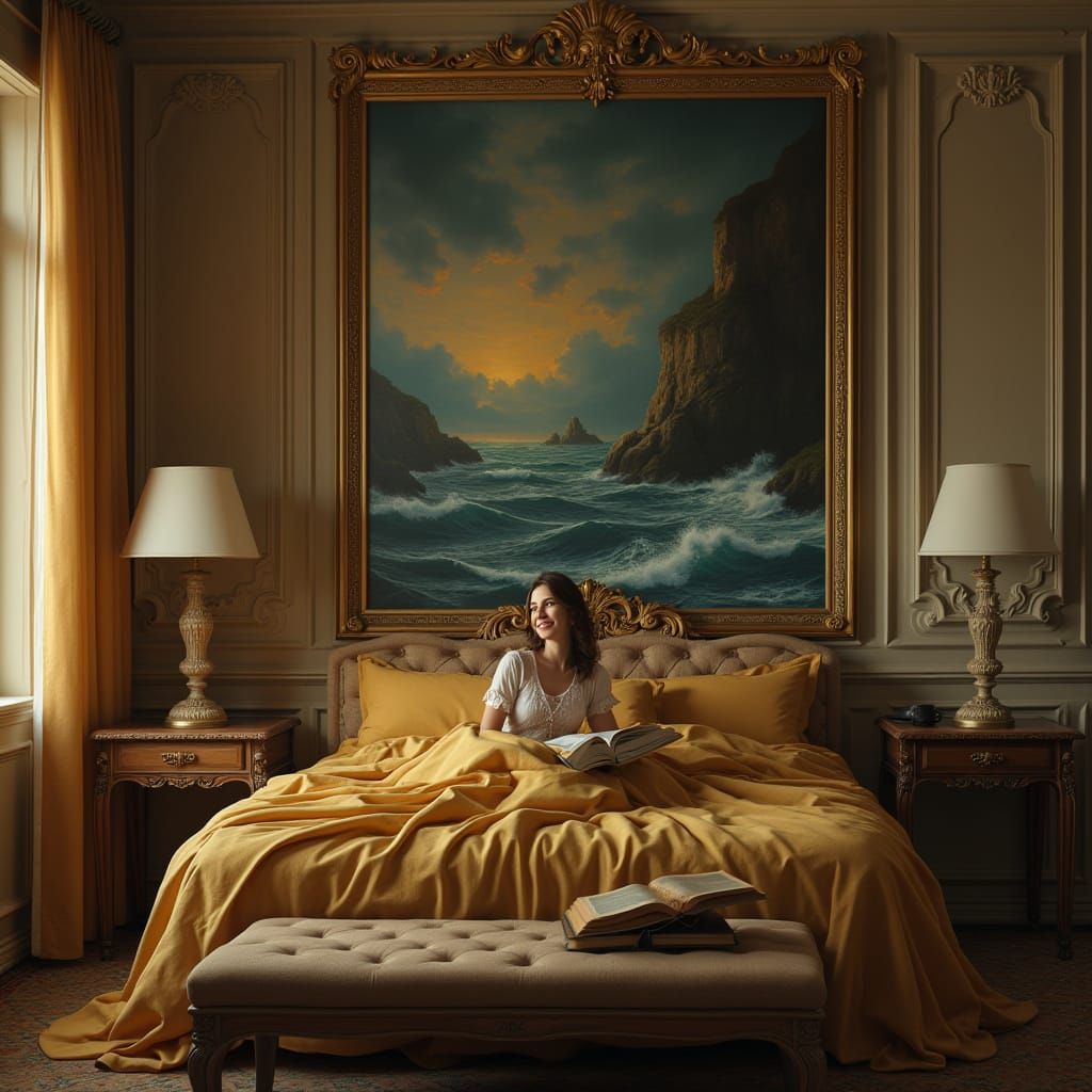Um quarto luxuoso e surreal, com iluminação suave e paredes em tom envelhecido, criando uma atmosfera clássica e misteri...