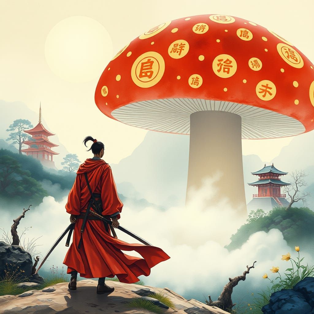 Elegant Samurai Stands Before Ancient Mushroom in Soft Water...