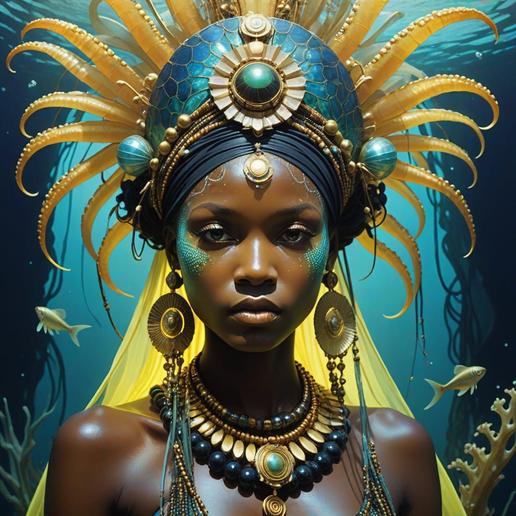 Black Mermaid Emerges from Bioluminescent Lagoon