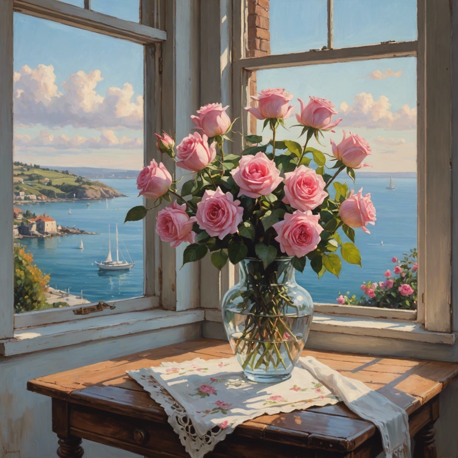 Impressionistic Oil Painting of Pink Roses in Vase
