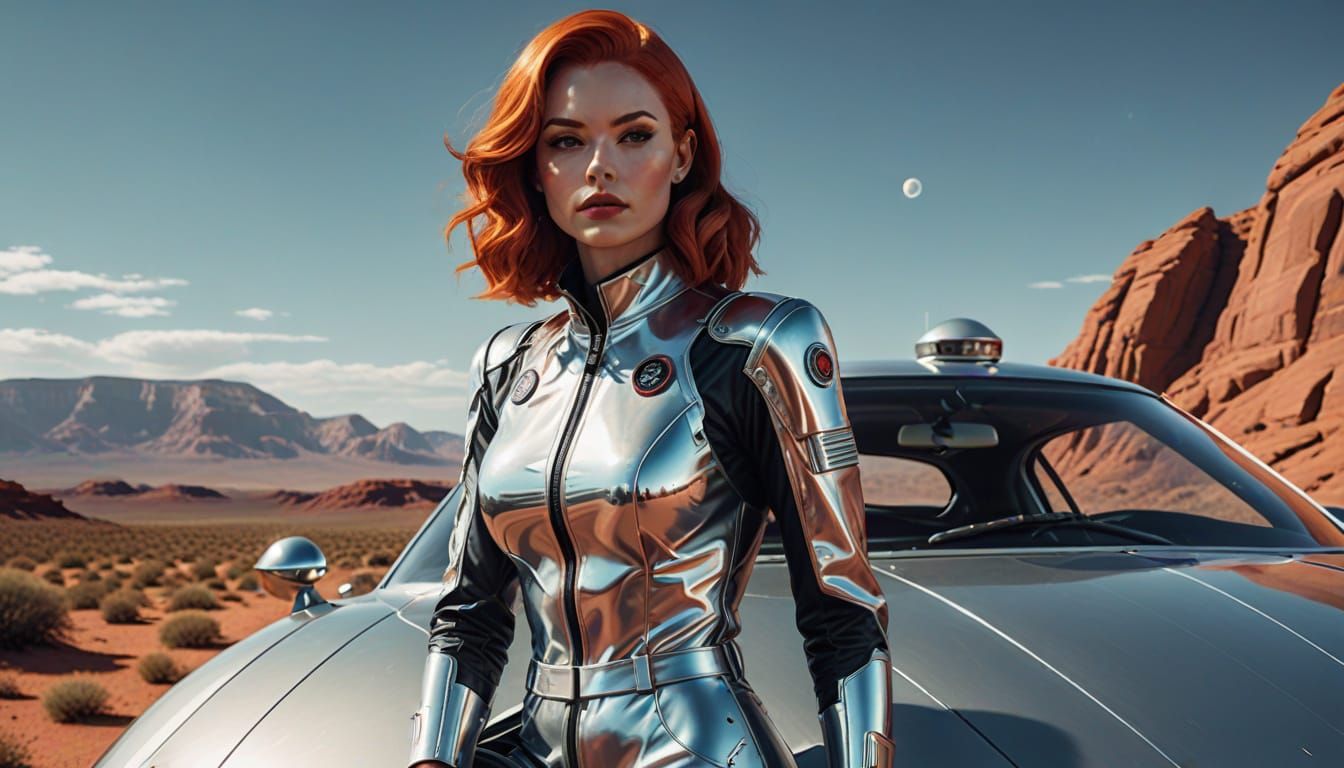 Retro Pin-Up Girl on Mars with Chrome Spaceship