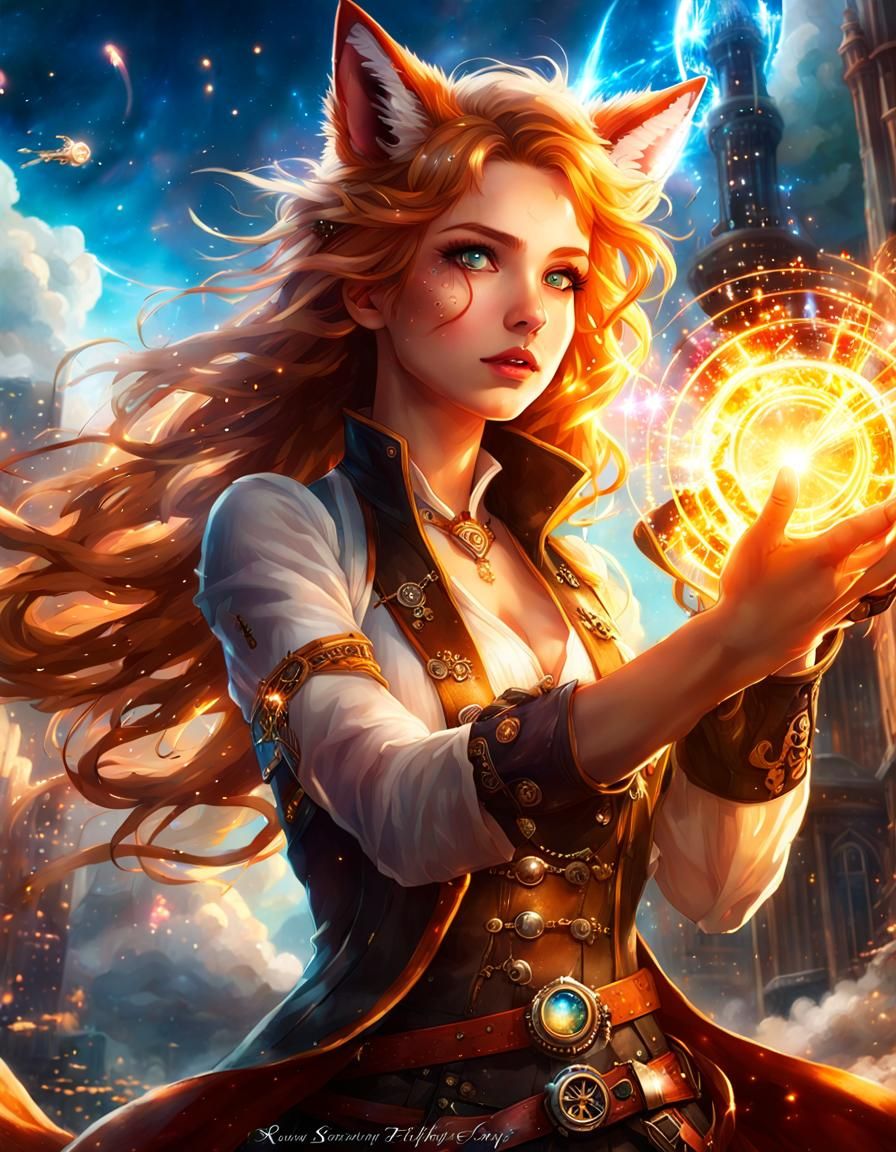 Epic Fantasy City Fight with Fox Girl Spellcaster