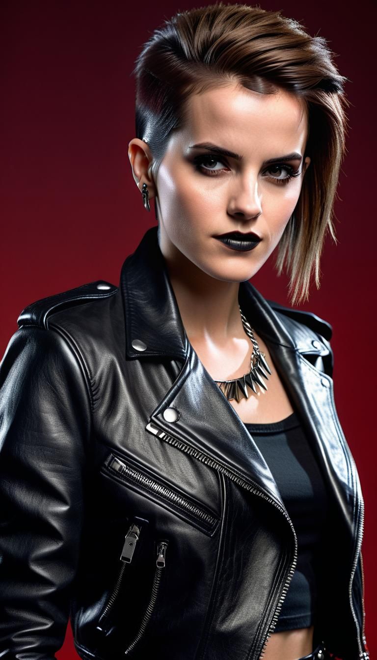 80s Punk Rock Girl in Leather, Hyperrealistic Portrait