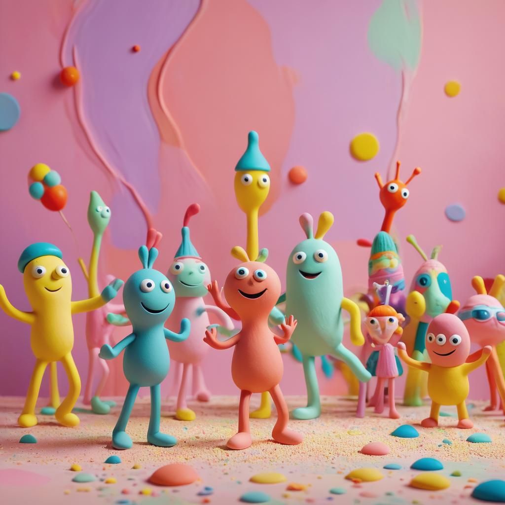 Colorful Clay Characters Dancing in Stop-Motion Style