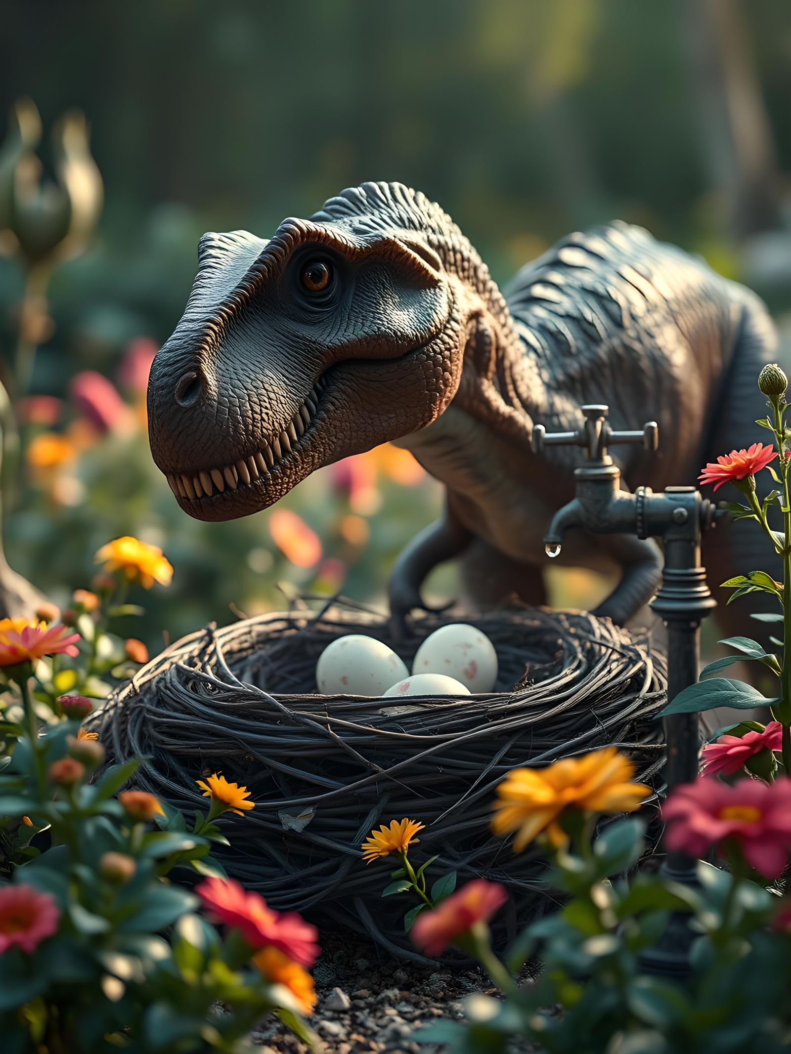 Tyrannosaurus Rex Nest in Flower Garden