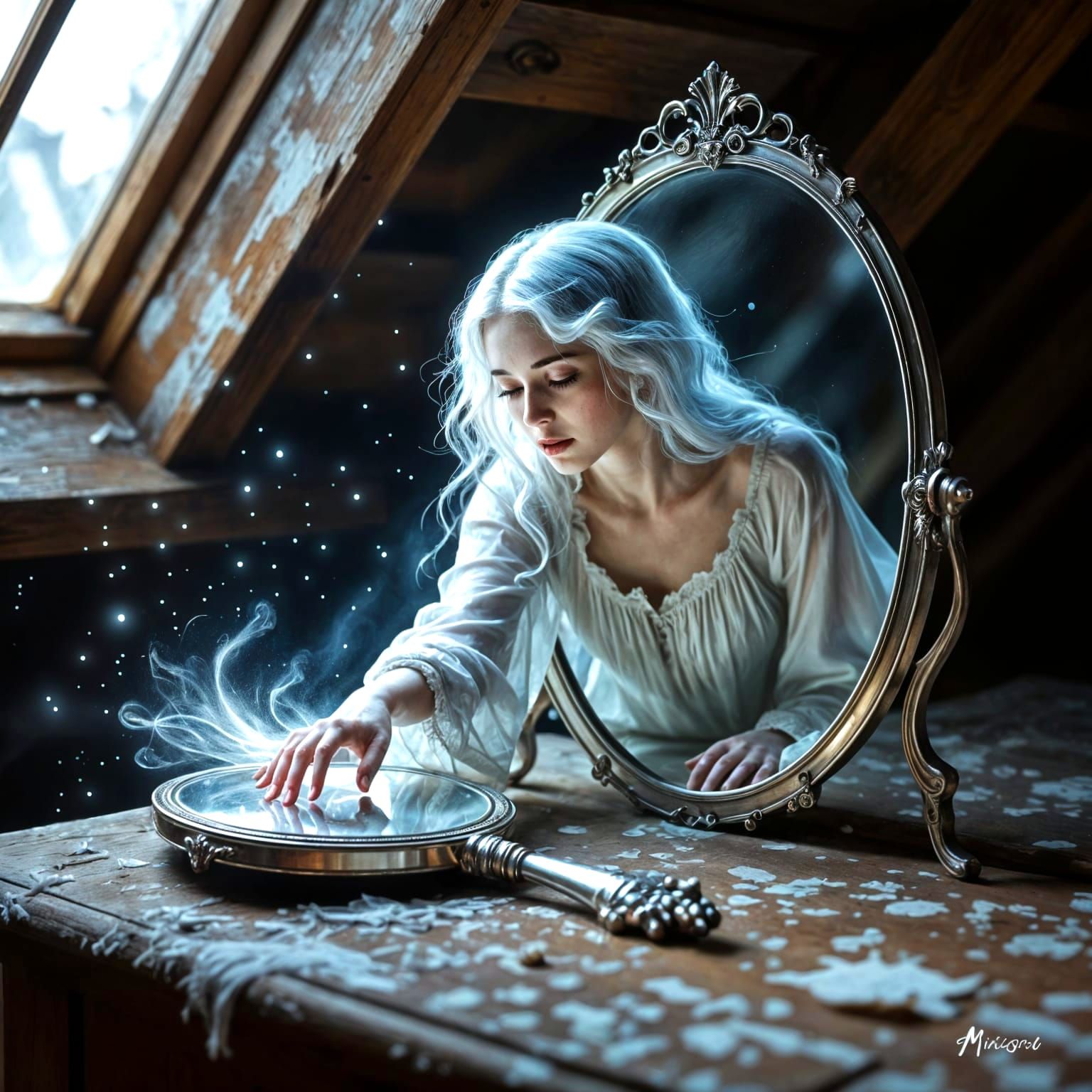 Ethereal Ghost Emerges from Ornate Mirror