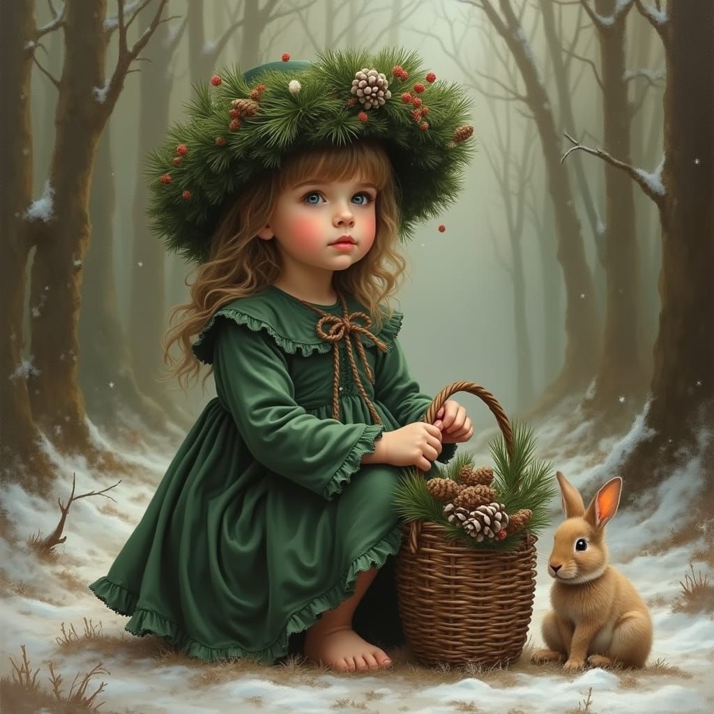 Girl in Fir Wreath Hat with Rabbit in Forest