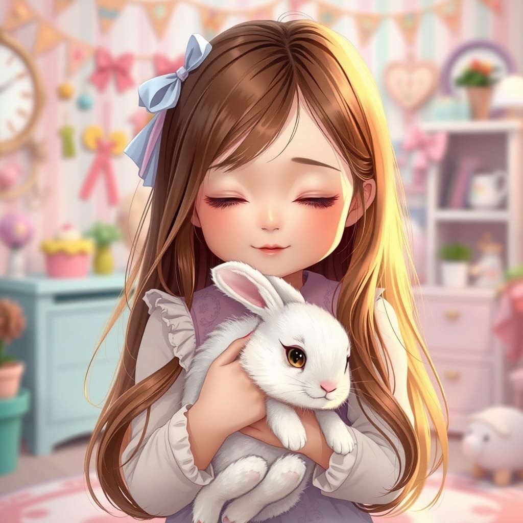 Anime Baby Girl with Bunny in Pastel Room