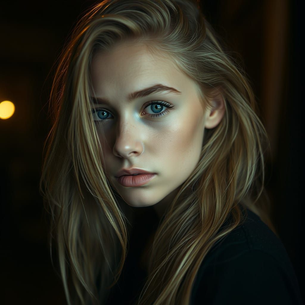 Moody Portrait of Young Woman with Luscious Blonde Hair