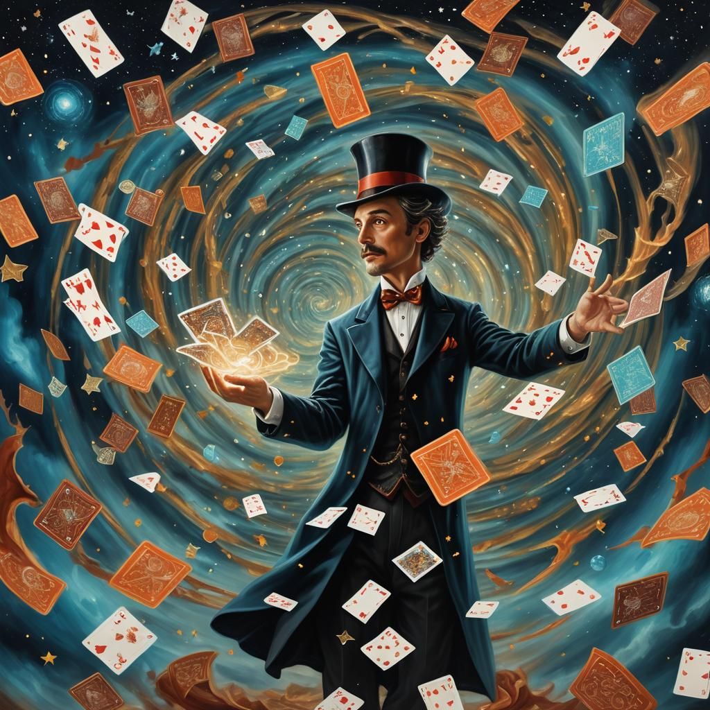 Magician Conjures Cards in Surreal Vortex