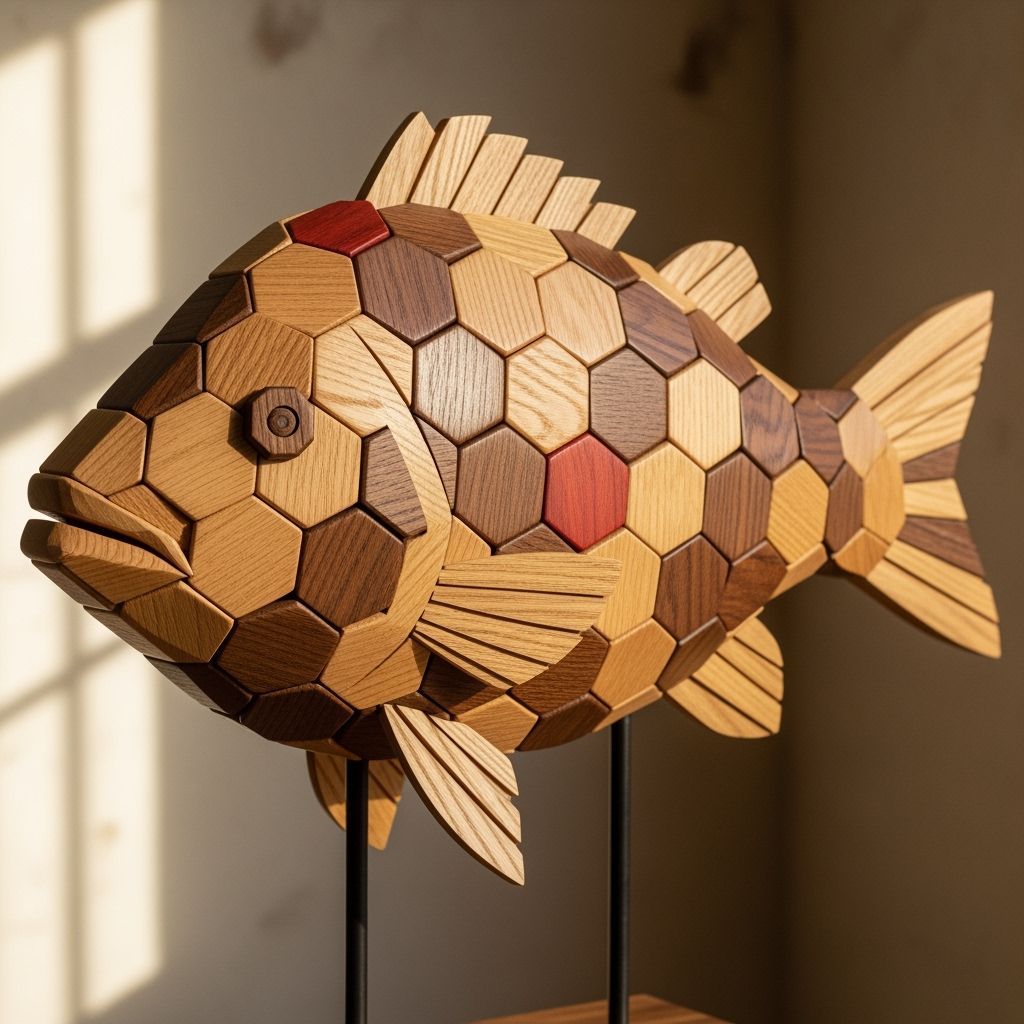 Wooden Fish Sculpture Crafted from Hexagonal Tiles