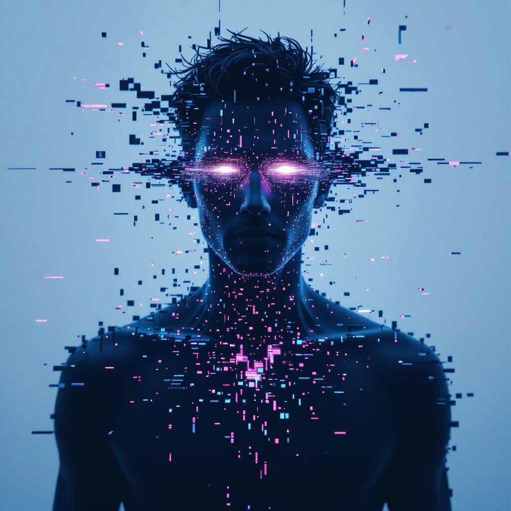 Human Silhouette Distorting into Digital Static