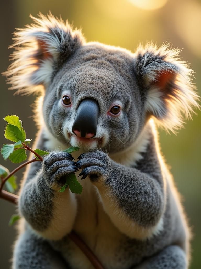 Koala Munching Eucalyptus Leaf: Natural Habitat Portrait