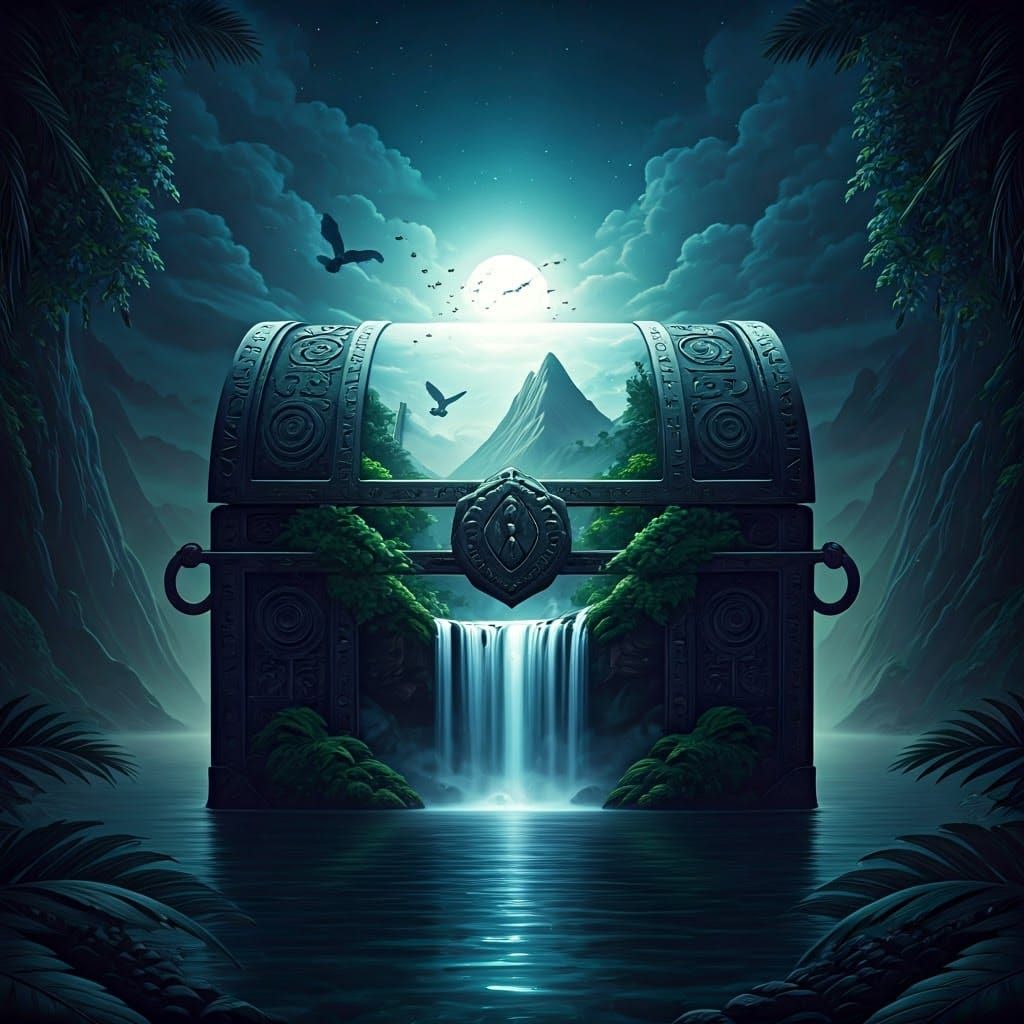 Ethereal Chest Silhouette in Night Sky with Waterfall and Ci...