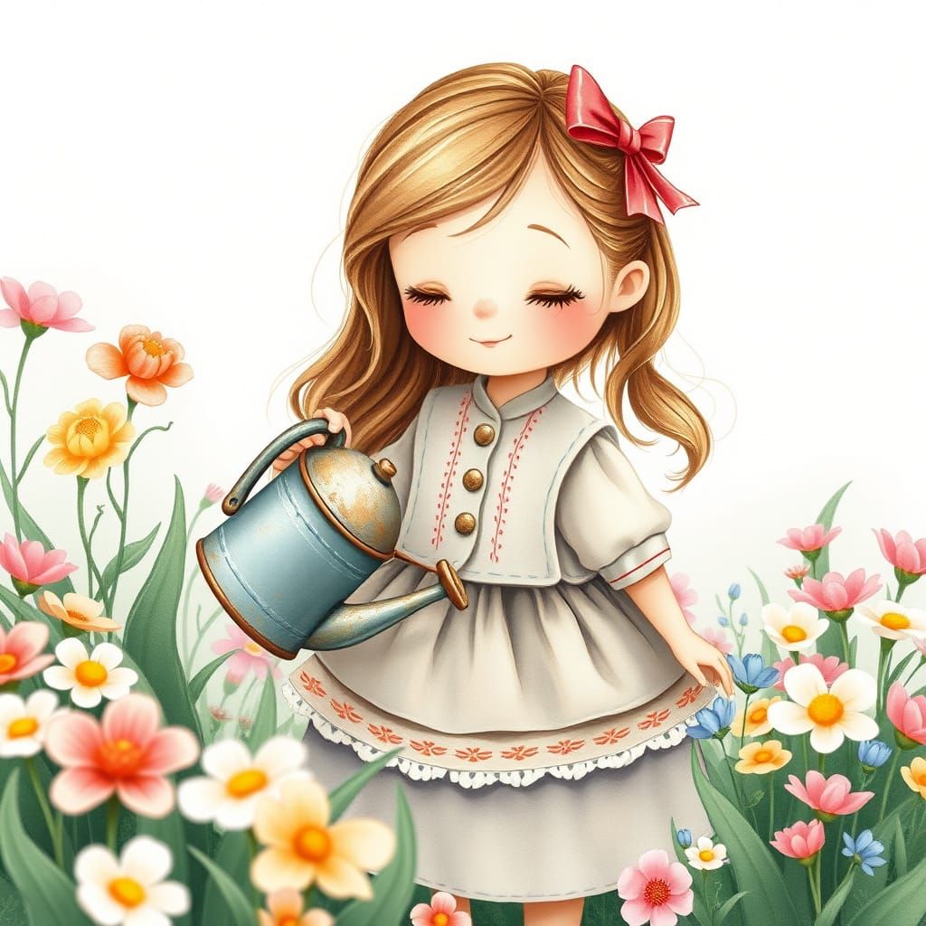 Little cartoon girl, wearing a penefore type quilt dress, holding a watering can and watering spring flower, colors of s...
