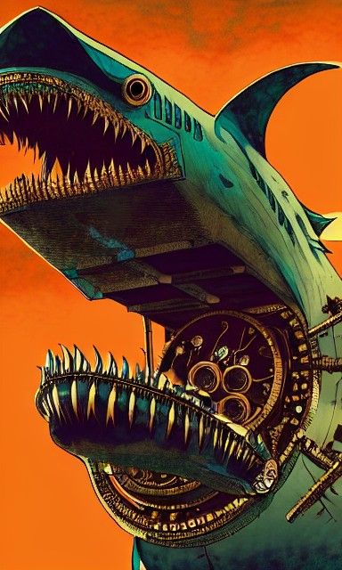 Steampunk Shark Smiling in Graphic Novel Style