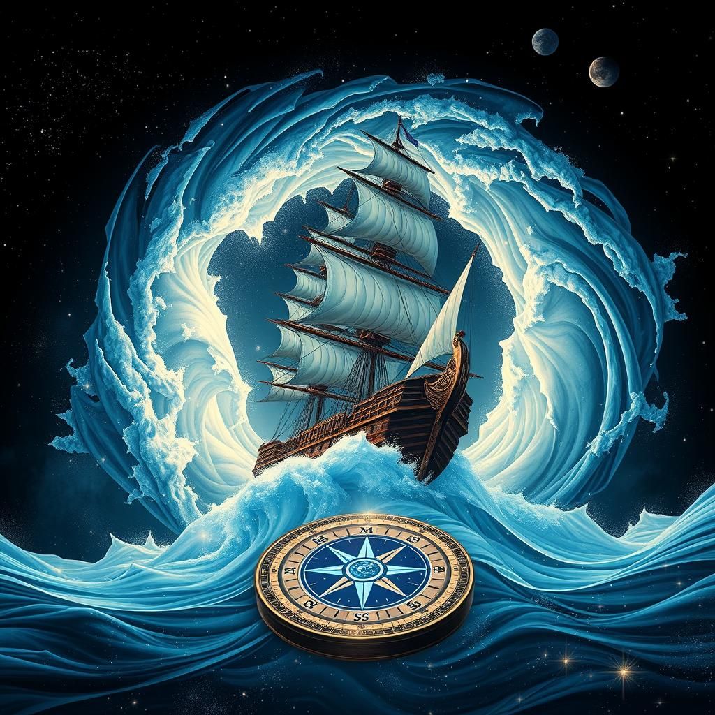 Sailship Navigates Star Portal in High-Contrast Illustration