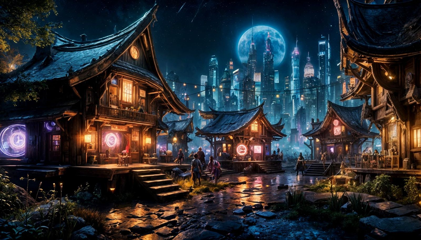 Cyberpunk Fairy Village Under Starry Night