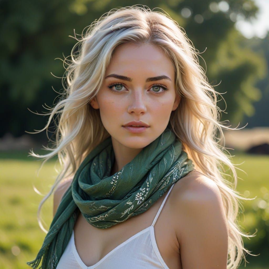 Beautiful Woman with Scarf and Blonde Hair at Farm