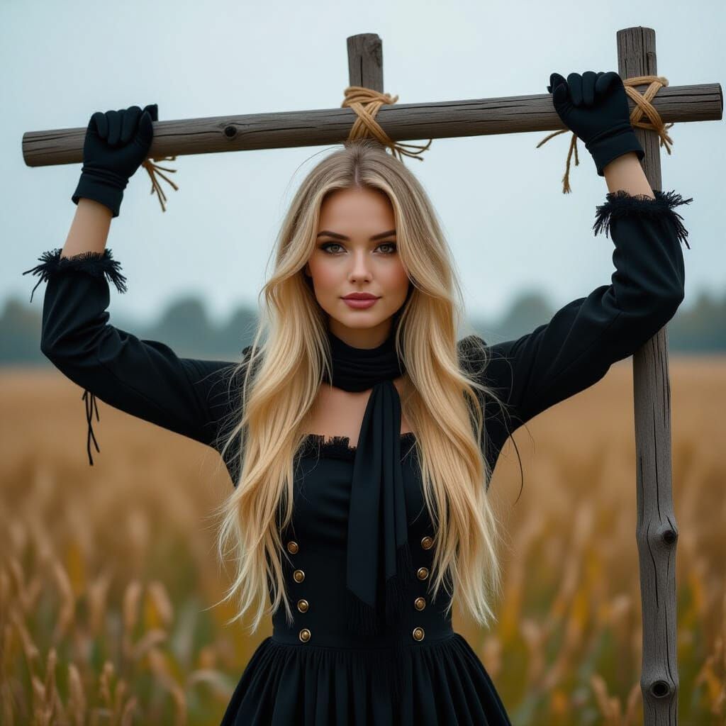 Stormy Meadow Scarecrow: Hyperrealistic Atmospheric Portrait