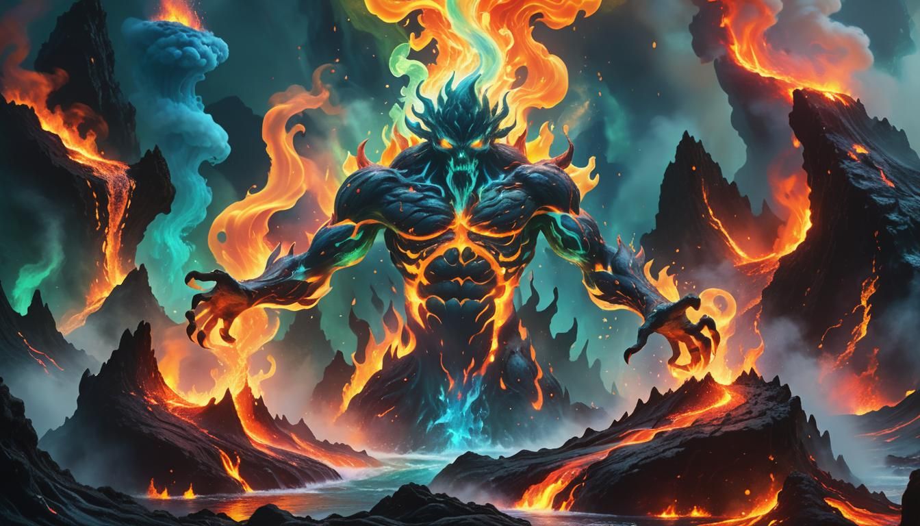 Fire Elemental in Surreal Landscape with Gemstone