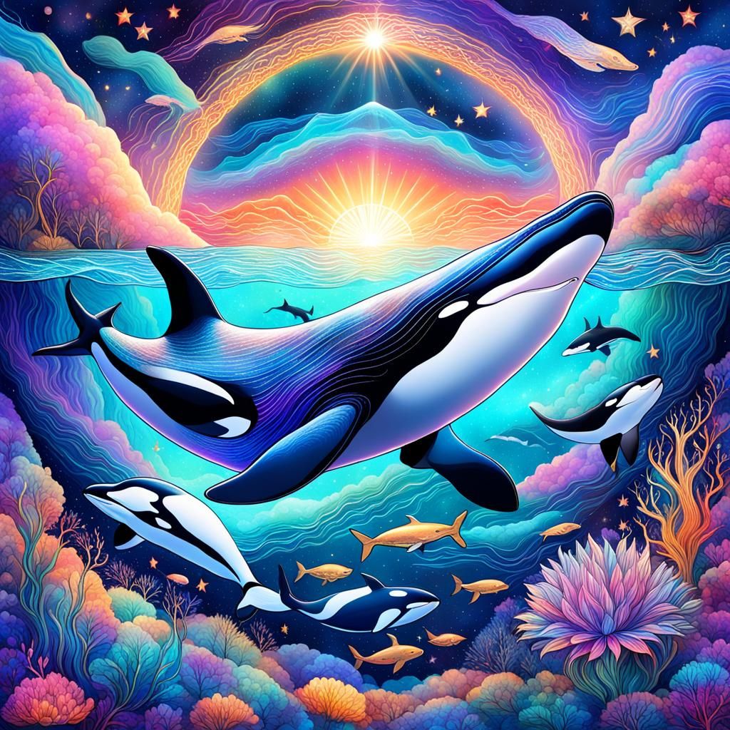 Cosmic Whales Unite in Astral Dreamscape