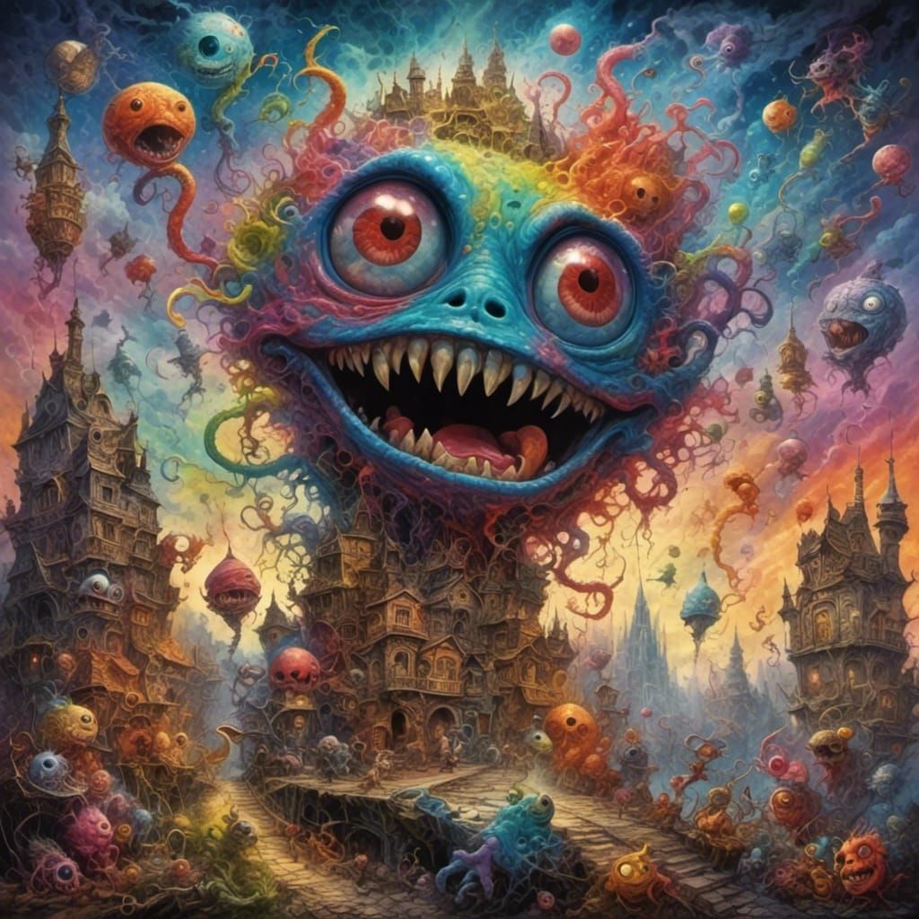 Surreal Fantasy Scene with Cosmic Monsters