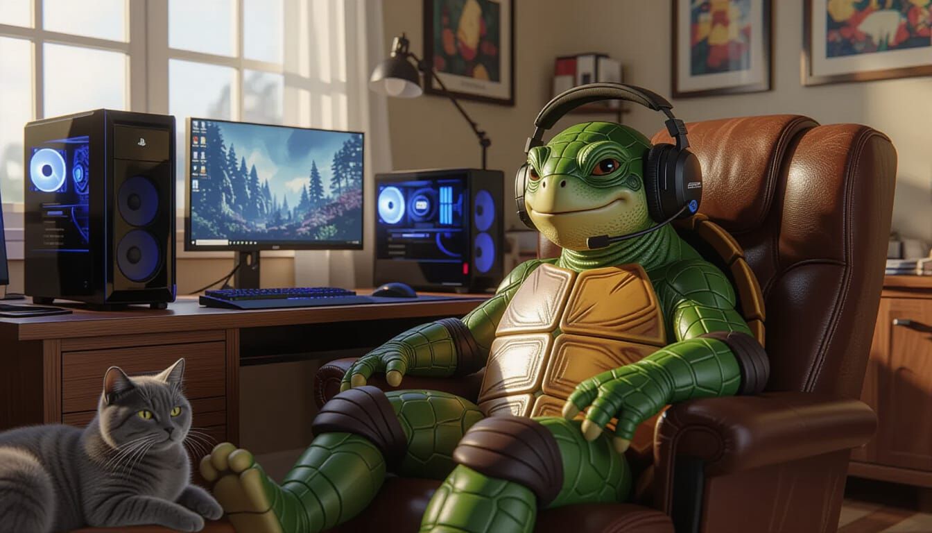 Humanoid Turtle Gamer with Cat and PS5 Setup