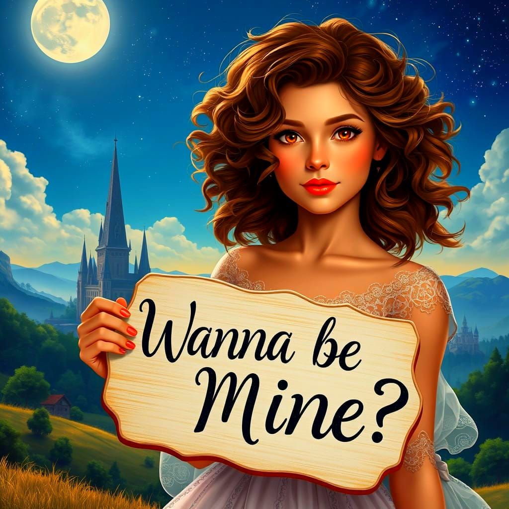 Ethereal Goddess with Whimsical Sign in Dreamy Fantasy Lands...