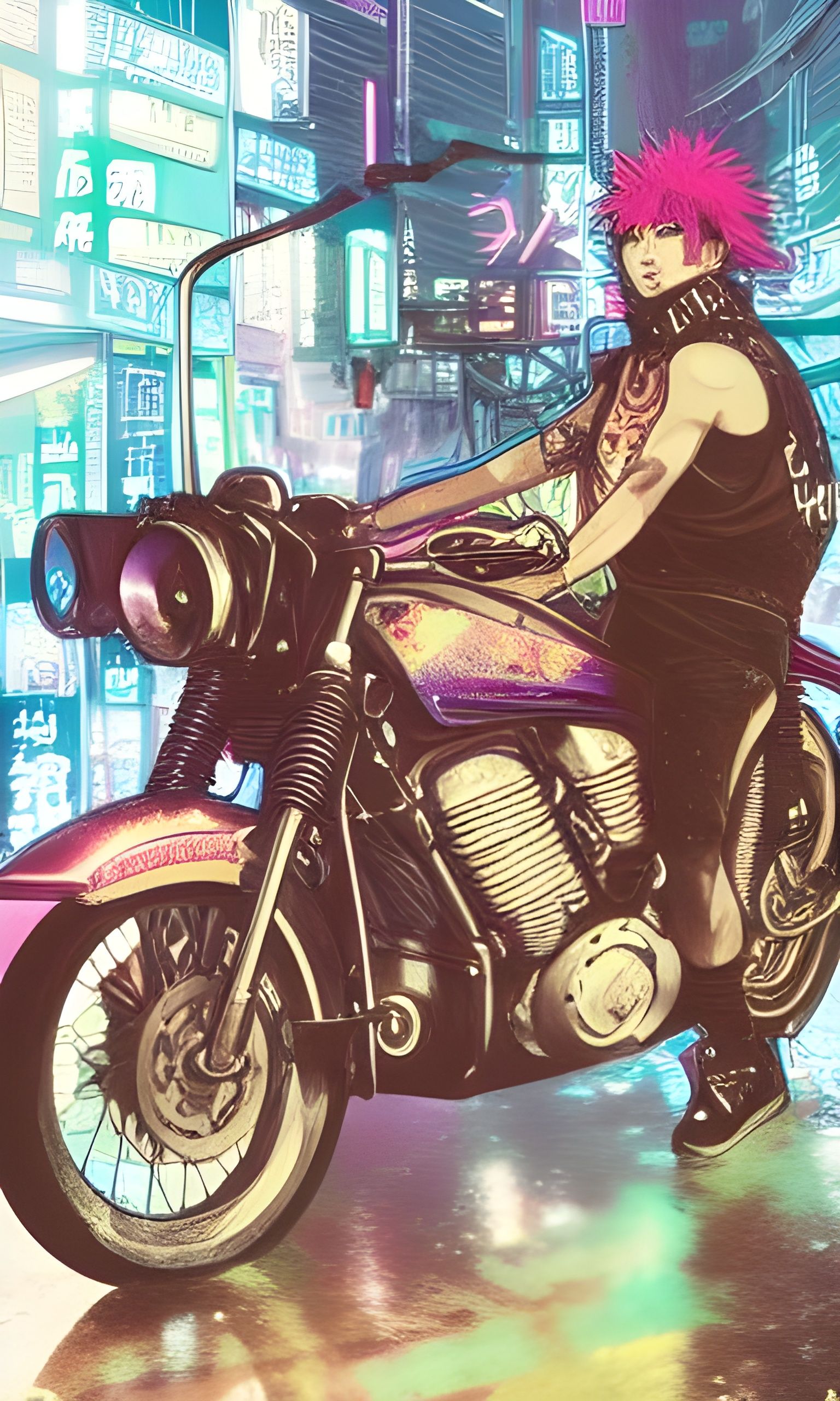 Cyberpunk Warrior on Motorbike in Rainy City