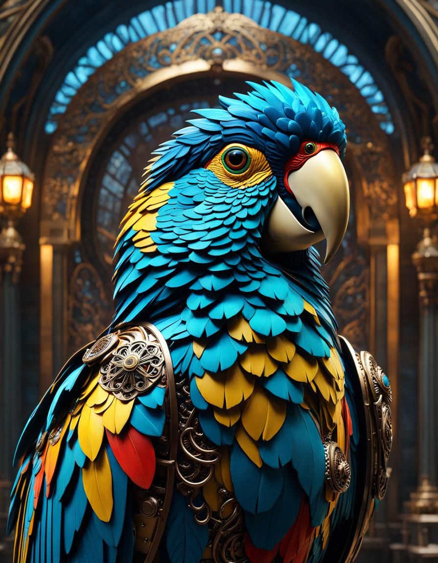 Robotic Parrot with Filigree Details in Sci-Fi Style