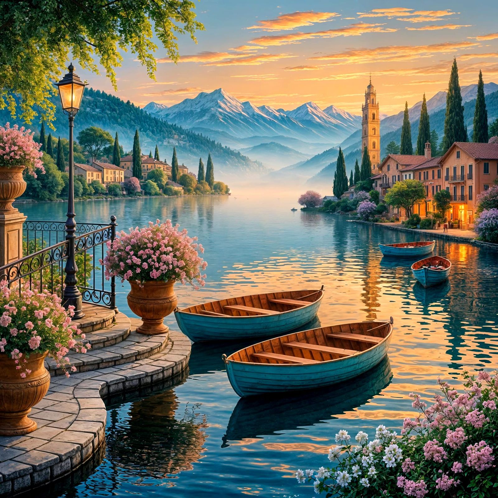 Painterly Lakeside Village Sunrise in Thomas Kinkade Style