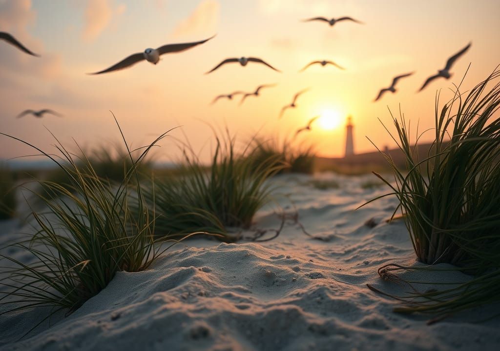 Seagulls Fly at Sunset: Hyperdetailed Beach Scene
