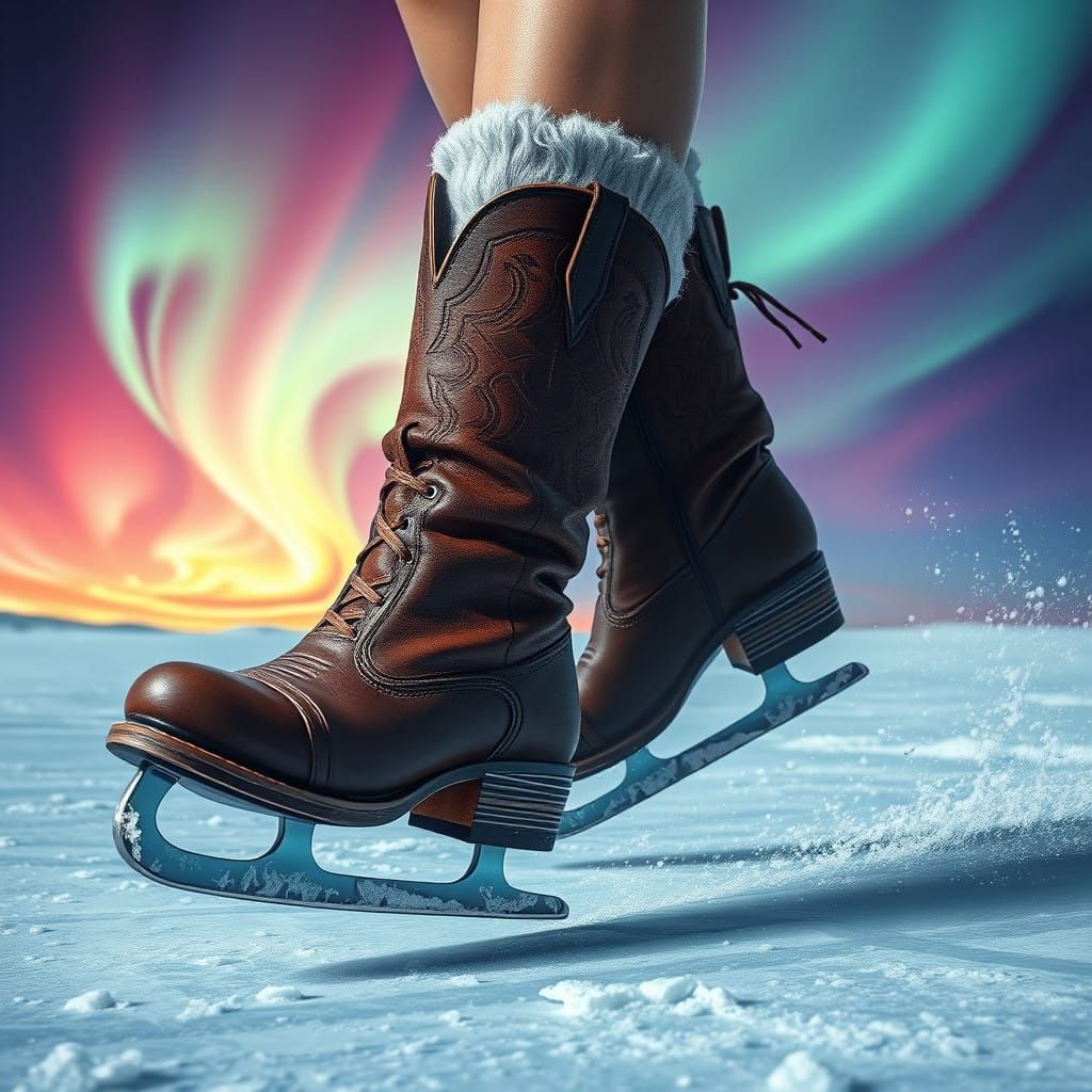 Ethereal Cowboy Boots Glide on Ice Under Vibrant Aurora